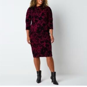 Liz Claiborne Burgundy Black Burnout Velvet Floral Neck Tie Dress SZ 4